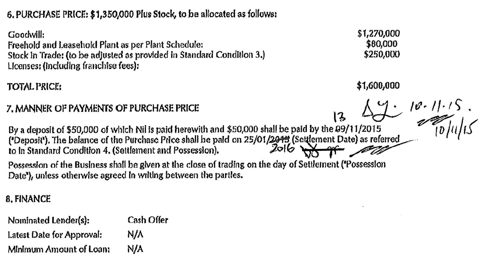Extract from the contract of sale for Mark Woodley's first business, showing a purchase price of $1,350,000 plus stock, allocated as goodwill $1,270,000, freehold and leasehold plant $80,000 and stock in trade $250,000, and a total price of $1,600,000